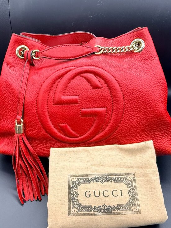 Gucci Handbags - AUTHENTIC Gucci Soho Medium Chain Shoulder Bag - Red Pebbled Leather